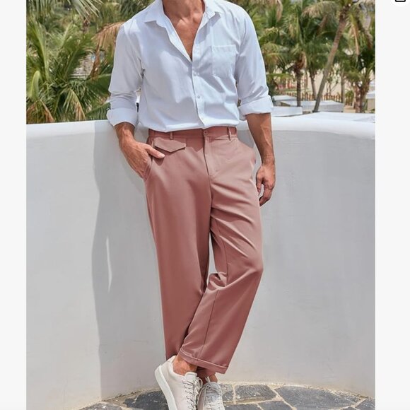 Mens Chino Pants Flat Front Slim Fit Cropped Dress Pants Casual Slacks NEW LARGE - Picture 5 of 7